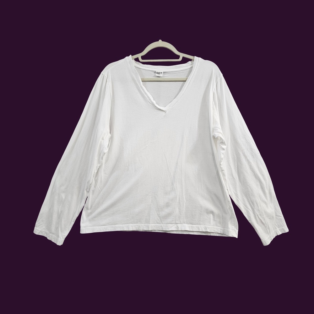 SET V-Neck Top Womens Medium White Boxy Oversize 100% Cotton USA Long Sleeve Tee